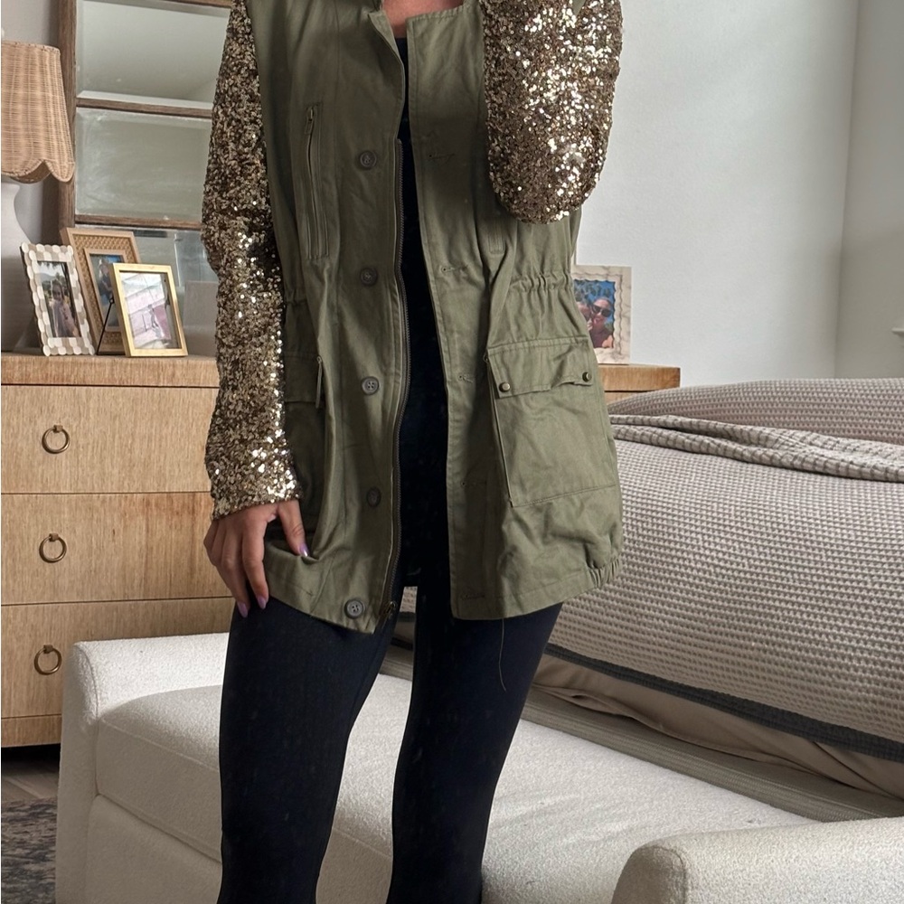 Green and Gold Utility Jacket with Sequin Sleeves